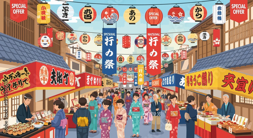 Japanese Summer Festival Street Scene with People in Kimonos and Food Stalls