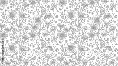 Intricate floral pattern featuring various flowers and leaves on a soft white background