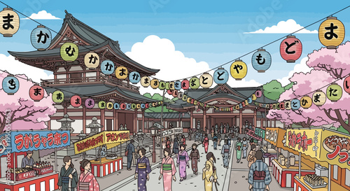 Japanese Summer Festival with Cherry Blossoms and Food Stalls