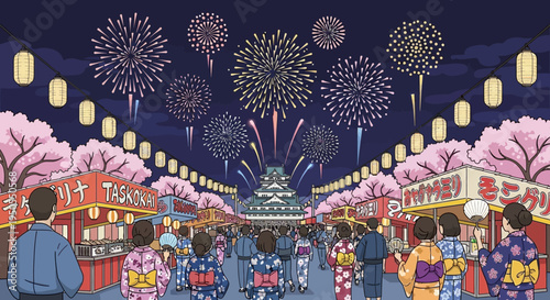 Japanese Summer Festival with Fireworks and Cherry Blossoms