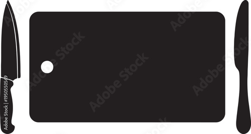Black cutting board silhouette with two knives for kitchen food preparation
