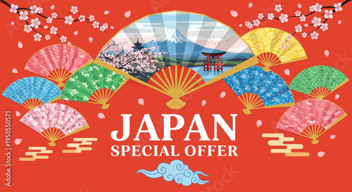 Japan Special Offer: Traditional Fan with Mount Fuji, Torii Gate, Cherry Blossoms