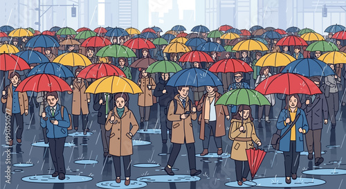 Crowd of people with colorful umbrellas in city rain, walking on street.