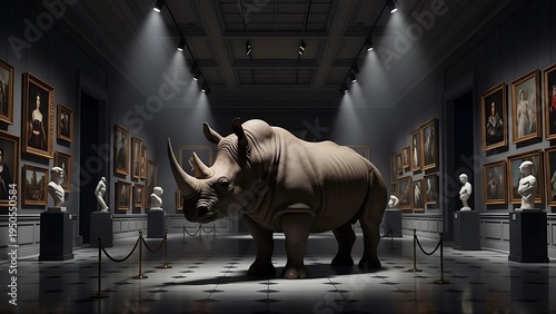 Rhinoceros Displayed in Modern Art Museum Gallery.