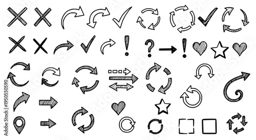 Arrows hand drawn set with black curved lines, checkmarks, and symbols. featuring icons, vector, illustration with