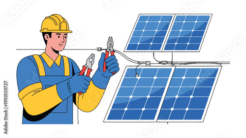 Solar Panel Installation: An electrician, equipped with his tools, diligently installs solar panels, symbolizing sustainable energy. 