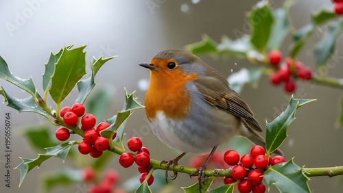 Robin perched on holly branch with red berries.