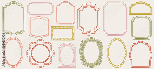 Doodle frames set. Hand drawn geometric colorful border collection. Minimal hand drawn oval, arch or rectangle shapes kit. Elegant retro empty banner, poster, placard decor. Doodle vintage emblem.