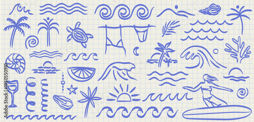 Hand drawn doodle beach surf vector illustrations. Tropical naive coastal elements. Palm trees, waves, starfish, woman surfer and sun summer zigzag ornament. T-shirt, poster and placard design prints.