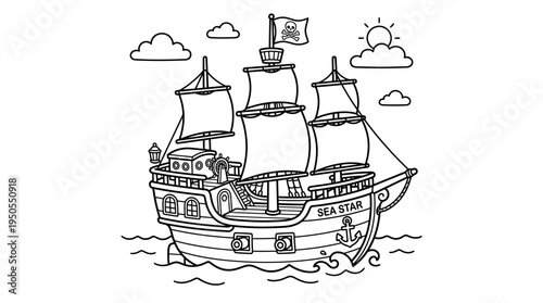 Vintage sailing ship with three masts.