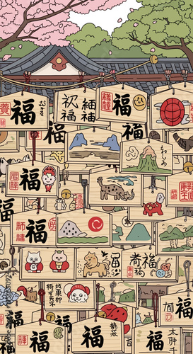 Japanese Ema Prayer Boards with Wishes and Drawings at a Shrine