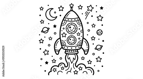 Black and white rocket ship blasting.