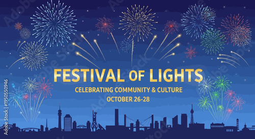 Festival of Lights Celebration with Fireworks over City Skyline