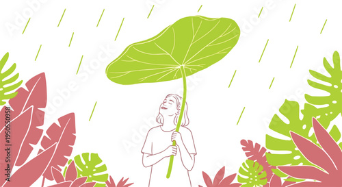 Girl Using Large Tropical Leaf as Umbrella in Jungle Rain Vector Illustration