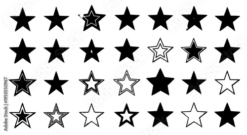 Stars black and white set with various outlined filled shapes and sizes featuring star, icons, symbols with graphics