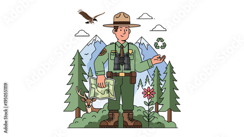 Environmental Guardian: A park ranger stands at the heart of nature, ready to preserve and protect the environment, his presence exudes dedication and a deep connection to the land
