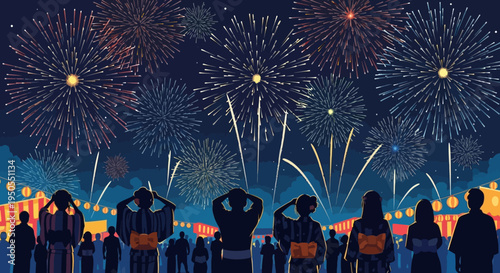 Japanese Summer Festival: Fireworks Display Over Crowd in Yukata