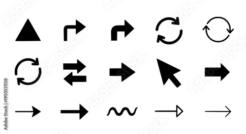 Arrows black vector set with curved and straight lines, directional symbols featuring navigation icons, pointer signs,