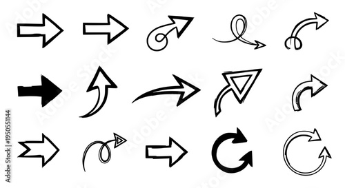 Arrows hand drawn set with black curved lines and pointed tips on white background. featuring icons, symbols, direction