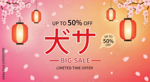 Japanese Big Sale Banner with Cherry Blossoms and Lanterns - Up to 50% Off