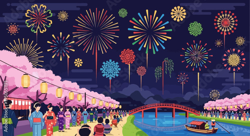 Japanese Summer Festival: Fireworks, Cherry Blossoms, Lanterns, and People