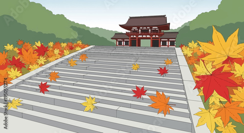 Autumn leaves on temple stairs, Japanese shrine gate and mountains in background