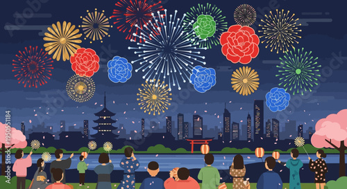 Japanese Cityscape Fireworks Festival with People Watching