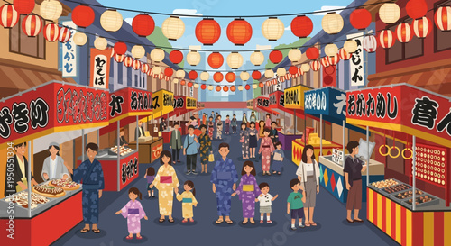 Japanese Summer Festival Street Scene with Families Enjoying Food and Games