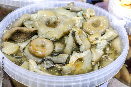 Marinated mushrooms, traditional appetizer of pickled mushrooms