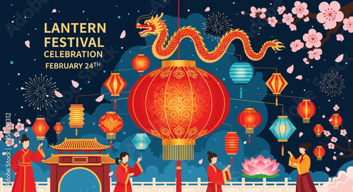 Chinese Lantern Festival Celebration with Dragon and People