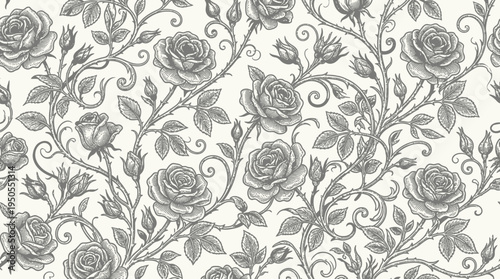 Elegant floral pattern featuring intricate rose illustrations on a soft background