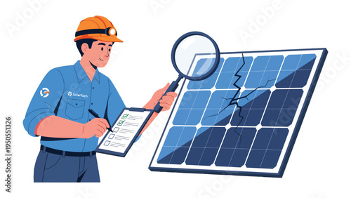 Solar Panel Inspection: An engineer meticulously examines a damaged solar panel using a magnifying glass, recording findings on a checklist to assess energy and maintenance needs.