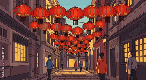 Chinese New Year Street Scene with Red Lanterns and Pedestrians