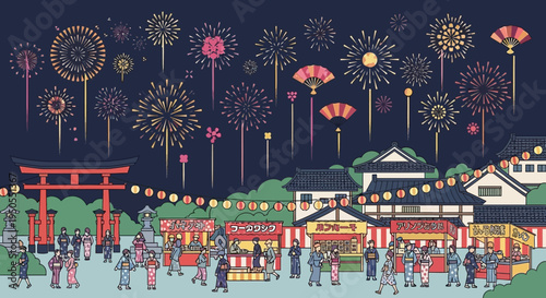 Japanese Summer Festival with Fireworks and Food Stalls