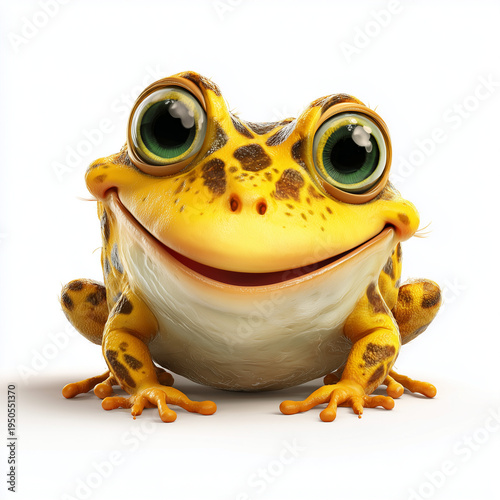 Yellow cartoon frog smiling with big eyes on white background  