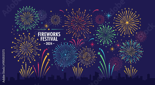 Colorful Fireworks Festival 2024 Celebration Over City Skyline