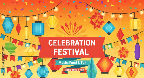 Celebration Festival Banner with Colorful Lanterns, Confetti, and Lights