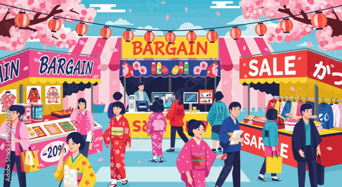 Japanese Street Market with Cherry Blossoms and Bargain Signs