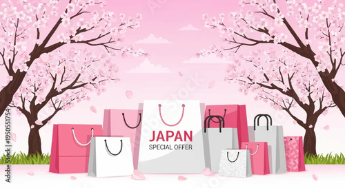 Japan Shopping Bags Under Cherry Blossoms, Special Offer Sale