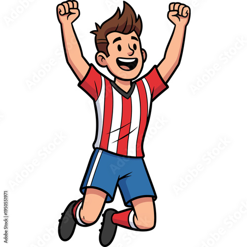 Boy celebrates victory in sports with joyful expression and raised arms