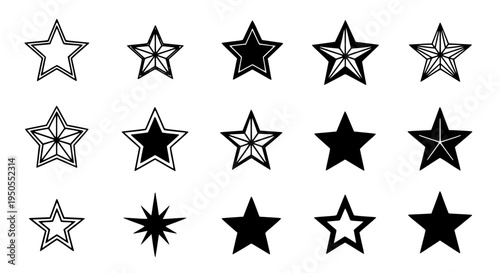 Stars black and white set with various shapes and line styles for graphic design featuring star, star icons, starburst
