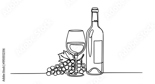 Bottle wine with glass and grapes in a line drawing style for beverage design featuring illustration, drink, alcohol