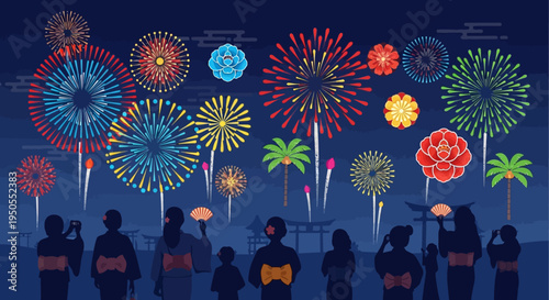 Japanese Festival Fireworks Display with Silhouettes of People in Kimonos