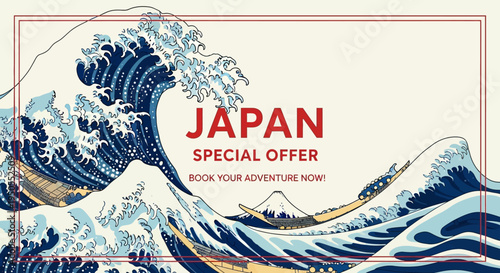 Japan Travel Offer: Iconic Wave and Mount Fuji Illustration with Text