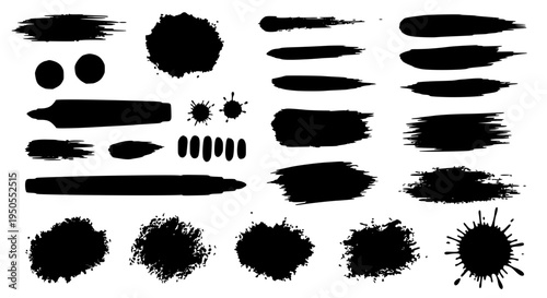 Brush stroke set with black ink blots and splatters, grunge effects featuring texture, strokes, splatter with blot and