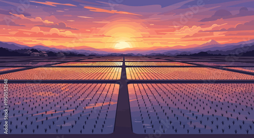 Pixel Art Rice Field Sunset Reflection Landscape