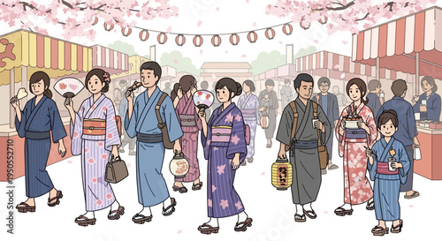 Japanese summer festival: people in yukata strolling under cherry blossoms