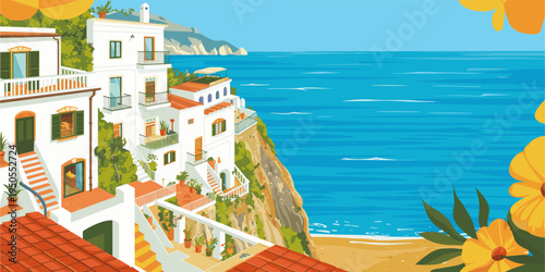 Landscape with Sunlit coastal village hugs cliffside with white houses. Terracotta roofs and green shutters reflect Mediterranean charm. Stairs wind upward, inviting quiet exploration