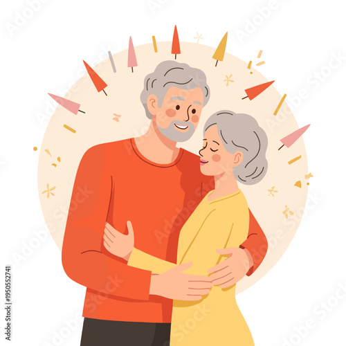 Elderly couple embracing and smiling in a cheerful atmosphere. Elderly set