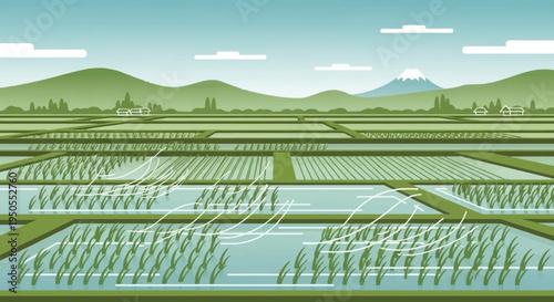 Serene Japanese Rice Terraces with Mount Fuji in the Background
